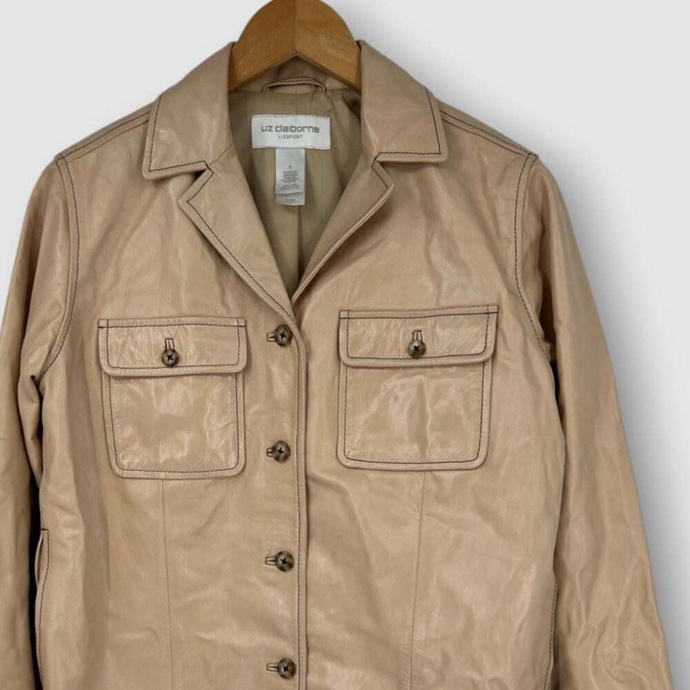 90s Vintage Liz Claiborne Lizsport Tan Genuine Leather Trucker Jacket Small - Picture 5 of 5